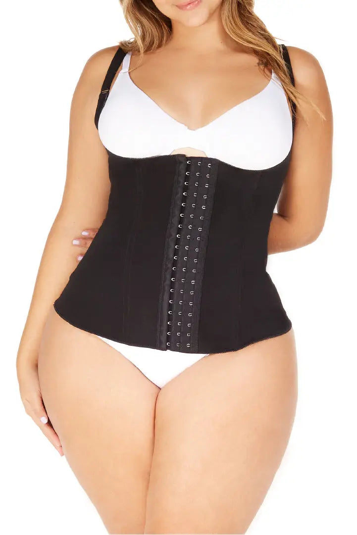 Camisilla de compresión alta con cierre frontal y látex efecto térmico, color negro de frente 