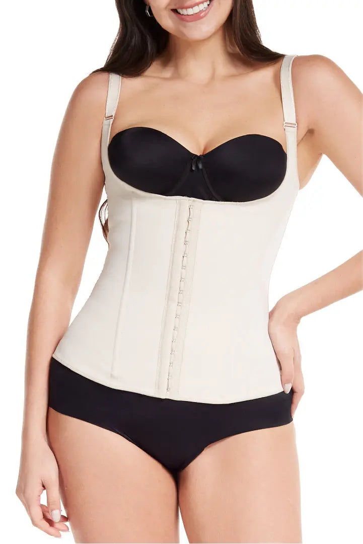 Camisilla de compresión alta con cierre frontal y látex efecto térmico, color piel de frente 