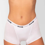 Detalle del algodón peinado y ajuste del panty bóxer Diane & Geordi - color blanco plano americano