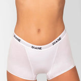 Detalle del algodón peinado y ajuste del panty bóxer Diane & Geordi - color blanco plano americano