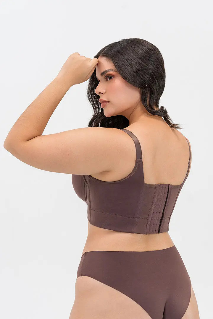 Vista lateral del brasier con cubrimiento completo en espalda, color caramelo