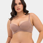 Vista lateral del brasier con aletas que cubren el pliegue axilar, color caramelo oscuro