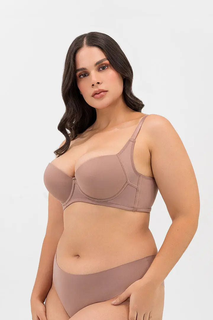 Vista lateral del brasier con aletas que cubren el pliegue axilar, color caramelo oscuro talla grande
