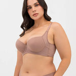 Vista lateral del brasier con aletas que cubren el pliegue axilar, color caramelo oscuro talla grande