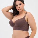 Vista lateral del brasier con cubrimiento completo en espalda, color caramelo