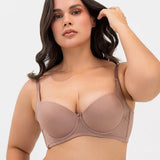 Vista lateral del brasier con aletas que cubren el pliegue axilar, color caramelo oscuro talla grande