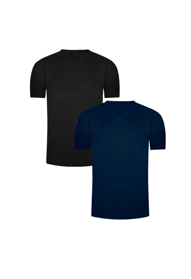 Pack de camisetas cuello V en algodón para hombre – Diane & Geordi, color azul oscuro y negra