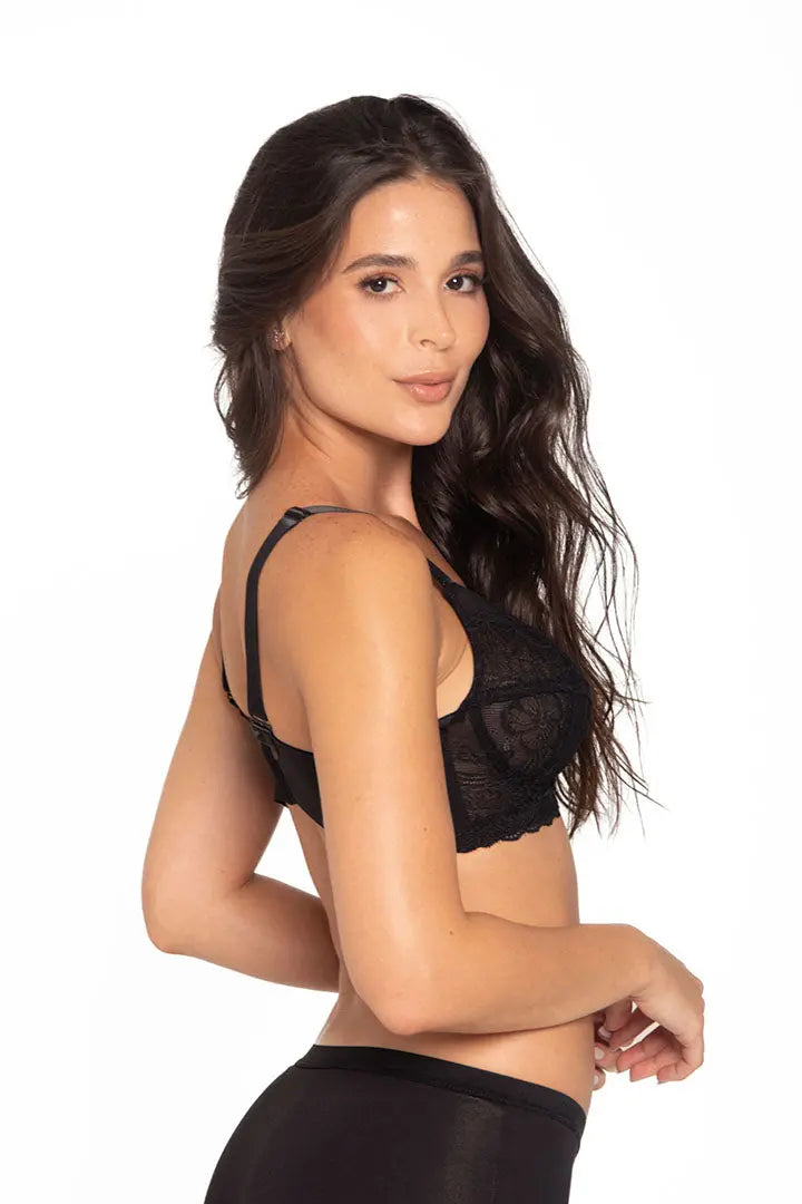 Vista posterior del brasier con alto cubrimiento y soporte, color negro