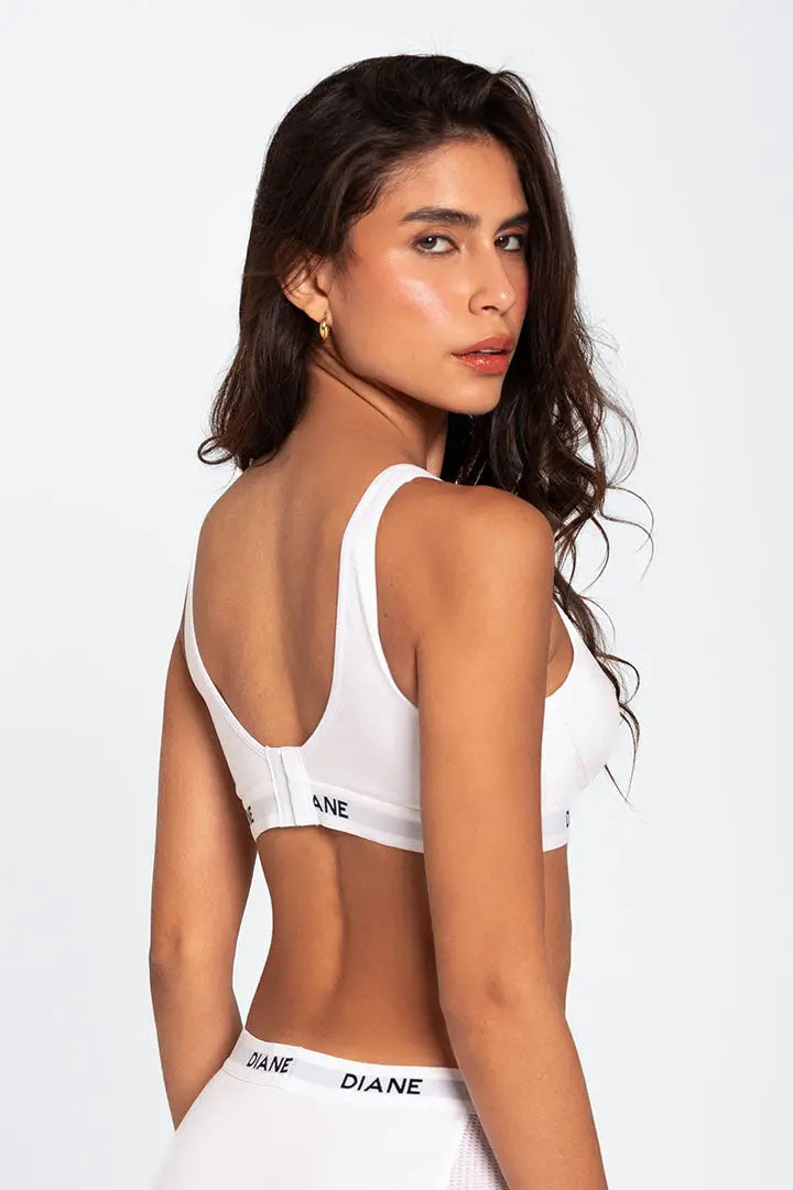 Brasier deportivo sin varillas Diane & Geordi para mujer - algodón premium, color blanco espalda