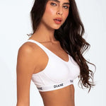 Brasier deportivo sin varillas Diane & Geordi para mujer - algodón premium, color blanco de lado