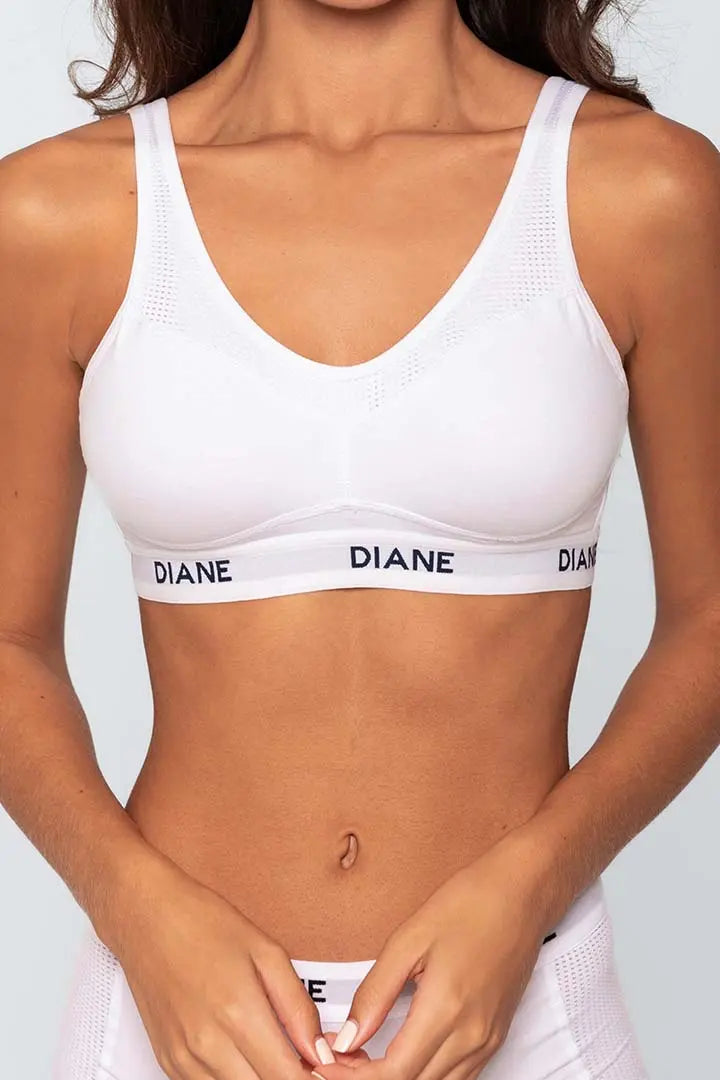 Brasier deportivo sin varillas Diane & Geordi para mujer - algodón premium, color blanco detalle