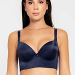 Vista lateral del brasier con cubrimiento completo en espalda, color azul oscuro
