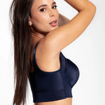 Vista lateral del brasier con cubrimiento completo en espalda, color azul oscuro