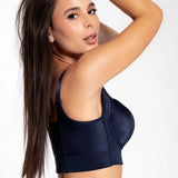 Vista lateral del brasier con cubrimiento completo en espalda, color azul oscuro