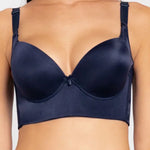 Vista lateral del brasier con cubrimiento completo en espalda, color azul oscuro