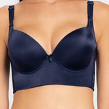 Vista lateral del brasier con cubrimiento completo en espalda, color azul oscuro