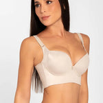 Vista lateral del brasier con cubrimiento completo en espalda, color piel