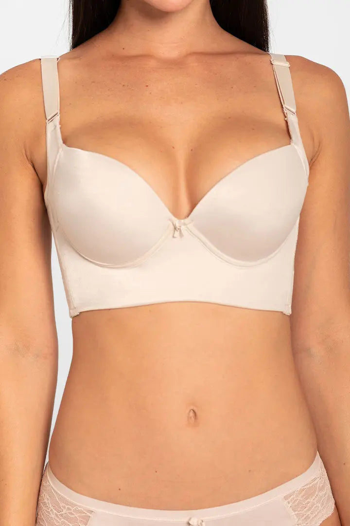 Vista lateral del brasier con cubrimiento completo en espalda, color piel