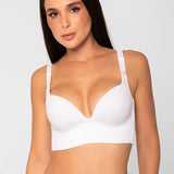 Vista lateral del brasier con cubrimiento completo en espalda, color blanco