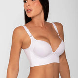 Vista lateral del brasier con cubrimiento completo en espalda, color blanco