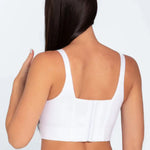 Vista lateral del brasier con cubrimiento completo en espalda, color blanco
