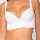 Vista lateral del brasier con cubrimiento completo en espalda, color blanco