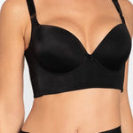 Vista lateral del brasier con cubrimiento completo en espalda, color negro