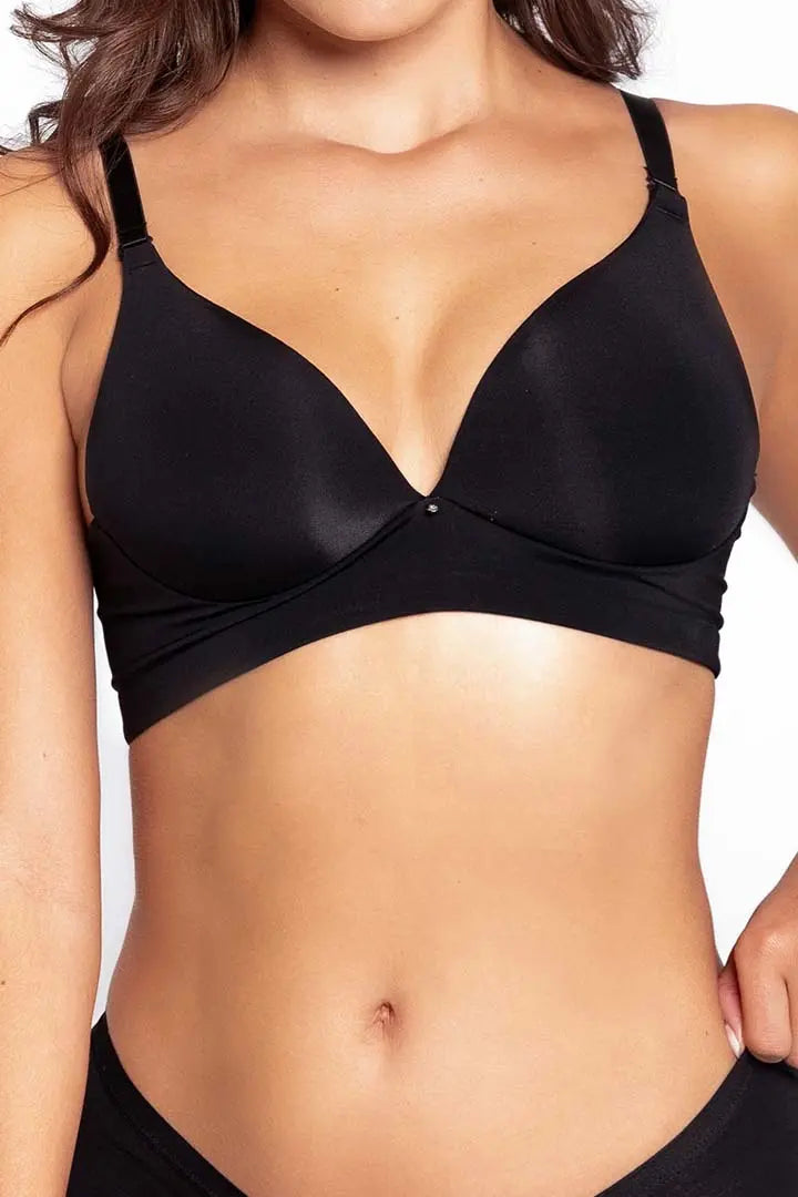 Vista lateral del brasier sin varillas para realce natural, color negro