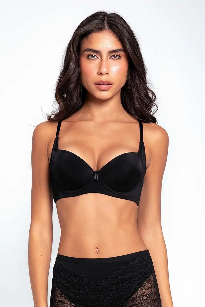 Vista lateral del brasier con aletas que cubren el pliegue axilar, color azul oscuro