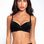 Vista lateral del brasier con aletas que cubren el pliegue axilar, color azul oscuro