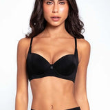 Vista lateral del brasier con aletas que cubren el pliegue axilar, color azul oscuro