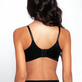 Vista lateral del brasier con aletas que cubren el pliegue axilar, color azul oscuro