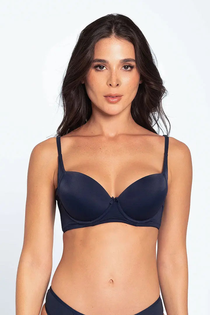 Vista lateral del brasier con aletas que cubren el pliegue axilar, color azul oscuro
