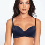 Vista lateral del brasier con aletas que cubren el pliegue axilar, color azul oscuro