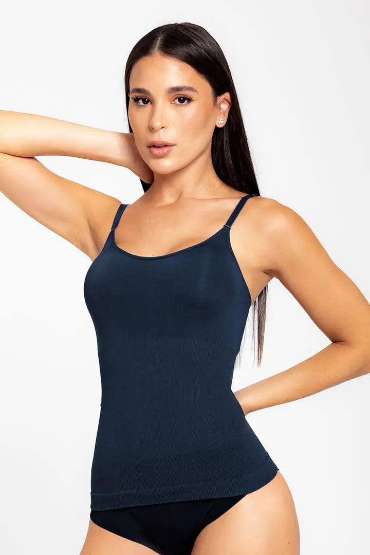 Camisilla seamless de microfibra con tirantes ajustables, color azul oscuro - modelo de lado