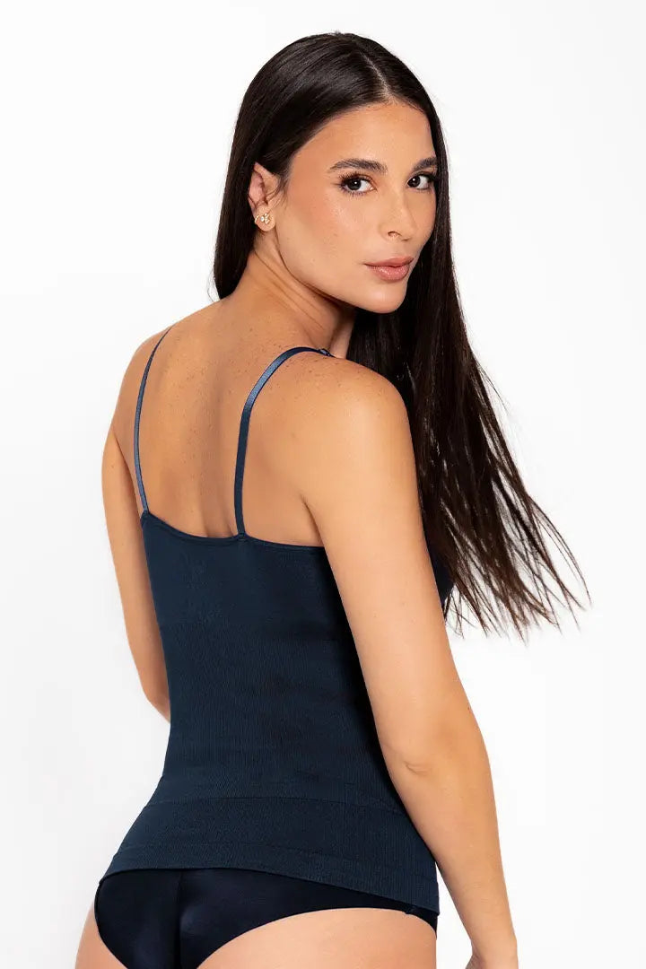 Camisilla seamless de microfibra con tirantes ajustables, color azul oscuro de espalda