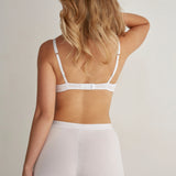 Panty cómodo con elástico ancho en cintura, color blanco, vista de espalda, modelo de cabello rubio.