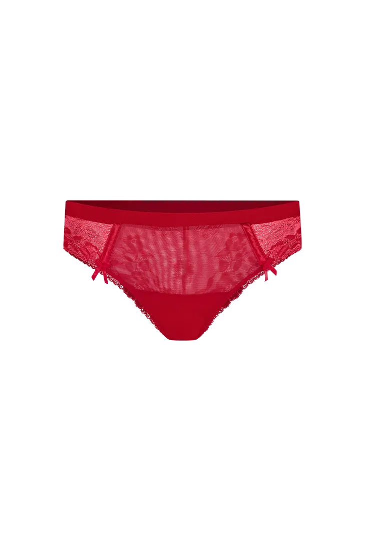 Panty cachetero en tul y encaje floral – Diane & Geordi, color rojo fondo transparente