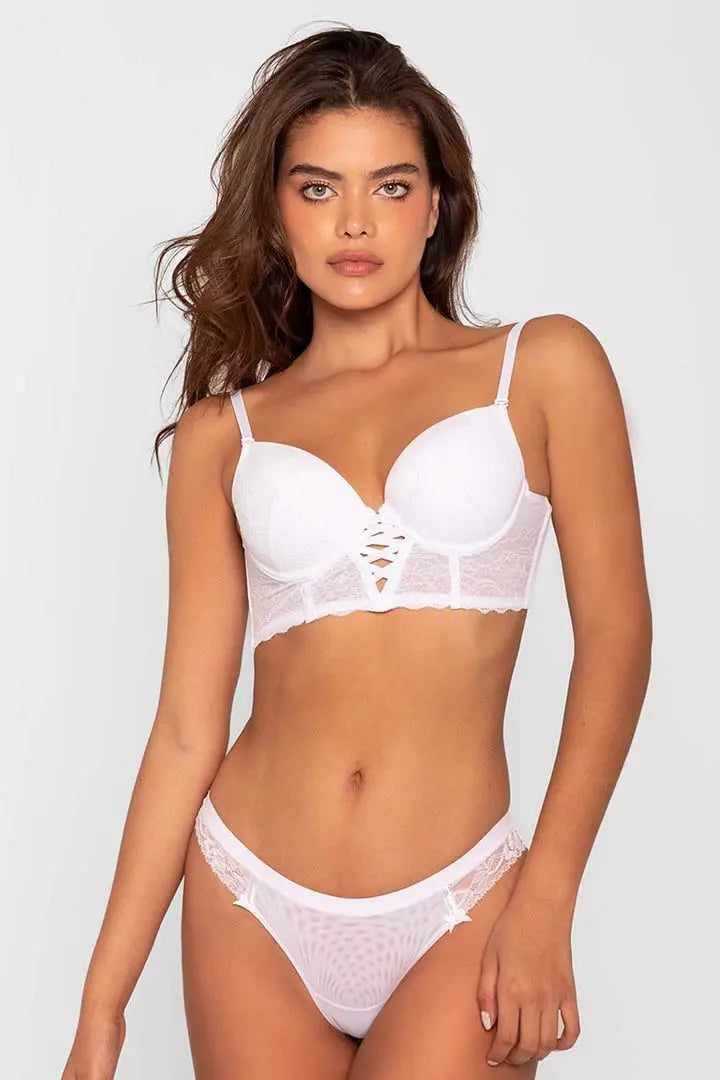 Panty brasilera en tul y encaje floral – Diane & Geordi, color blanco