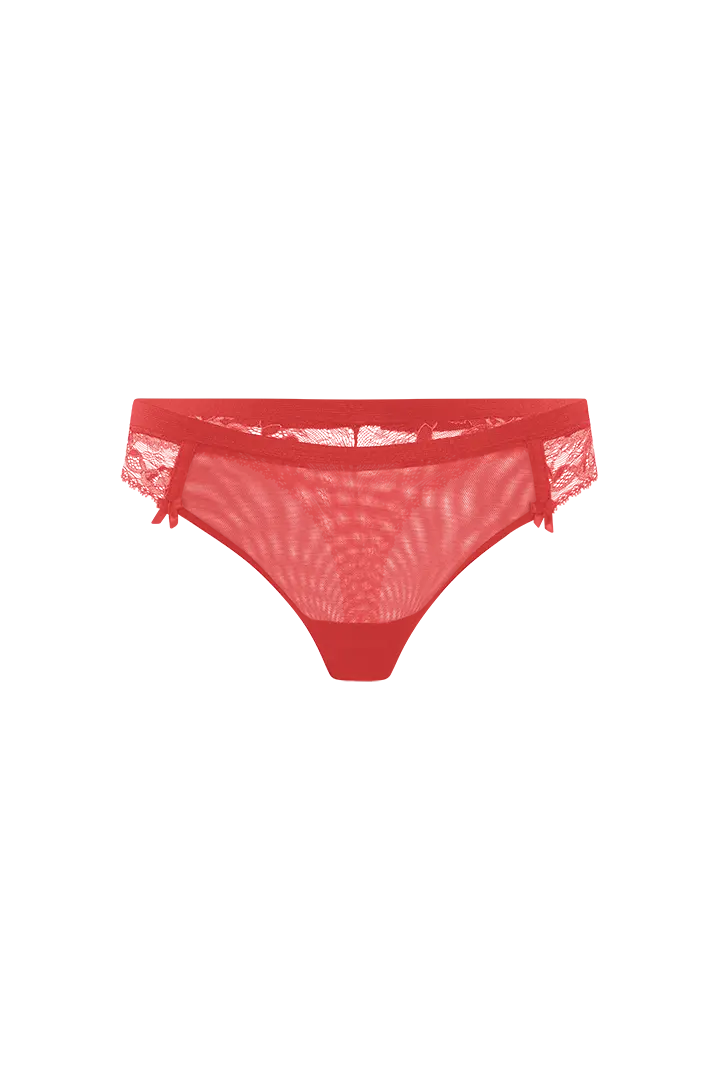 Panty brasilera en tul y encaje floral – Diane & Geordi, color rojo fondo transparente 