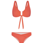 Vestido de baño 2 piezas con panty tipo tanga de cubrimiento alto – Diane & Geordi - color coral fondo transaprente