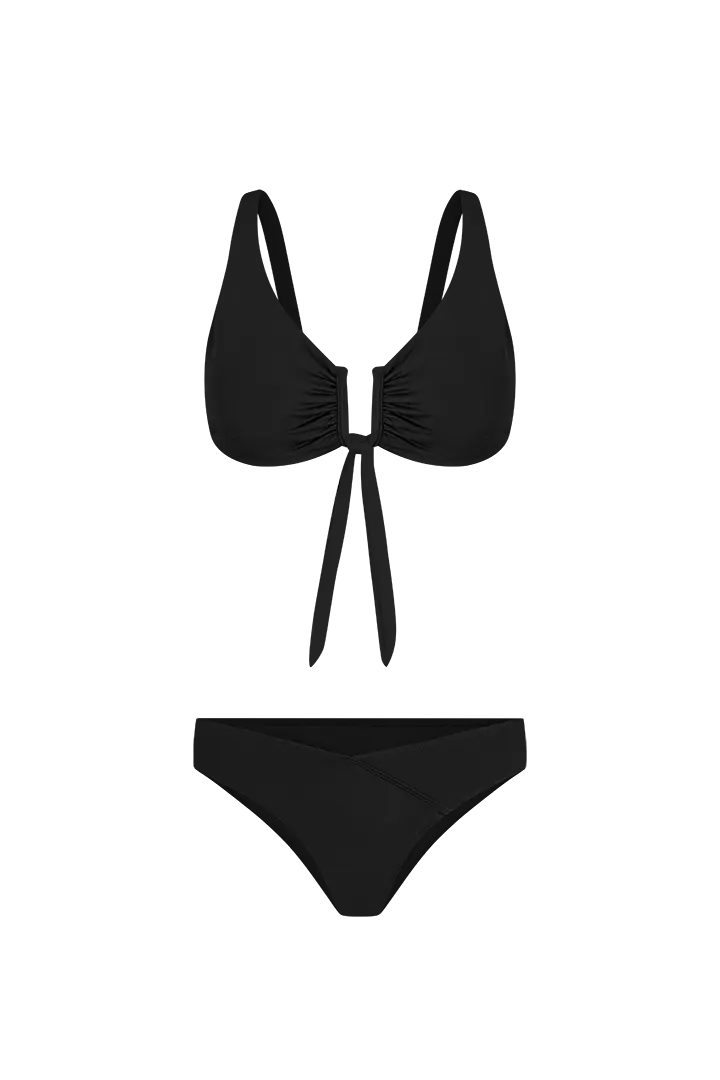 Vestido de baño 2 piezas con panty tipo tanga de cubrimiento alto – Diane & Geordi - color negro, fondo transparente
