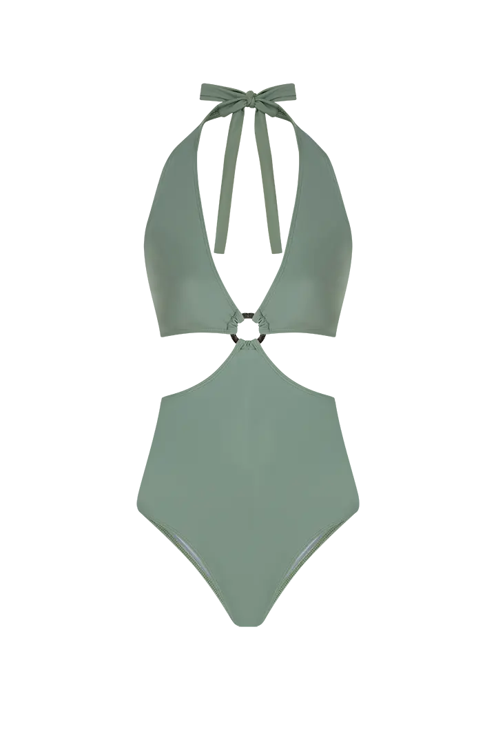 Vestido de baño enterizo con lazo en cuello y espalda – Diane & Geordi - colro verde, fondo tranzaprente