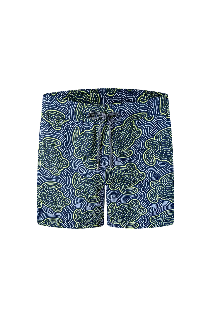 Bermuda de baño para hombre Geordi GD62R07 estampado azul con amarillo.