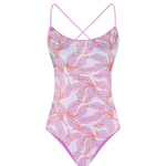 Modelo usando vestido de baño enterizo doble faz con pierna alta y panty tipo tanga. estilo estampado de flores 