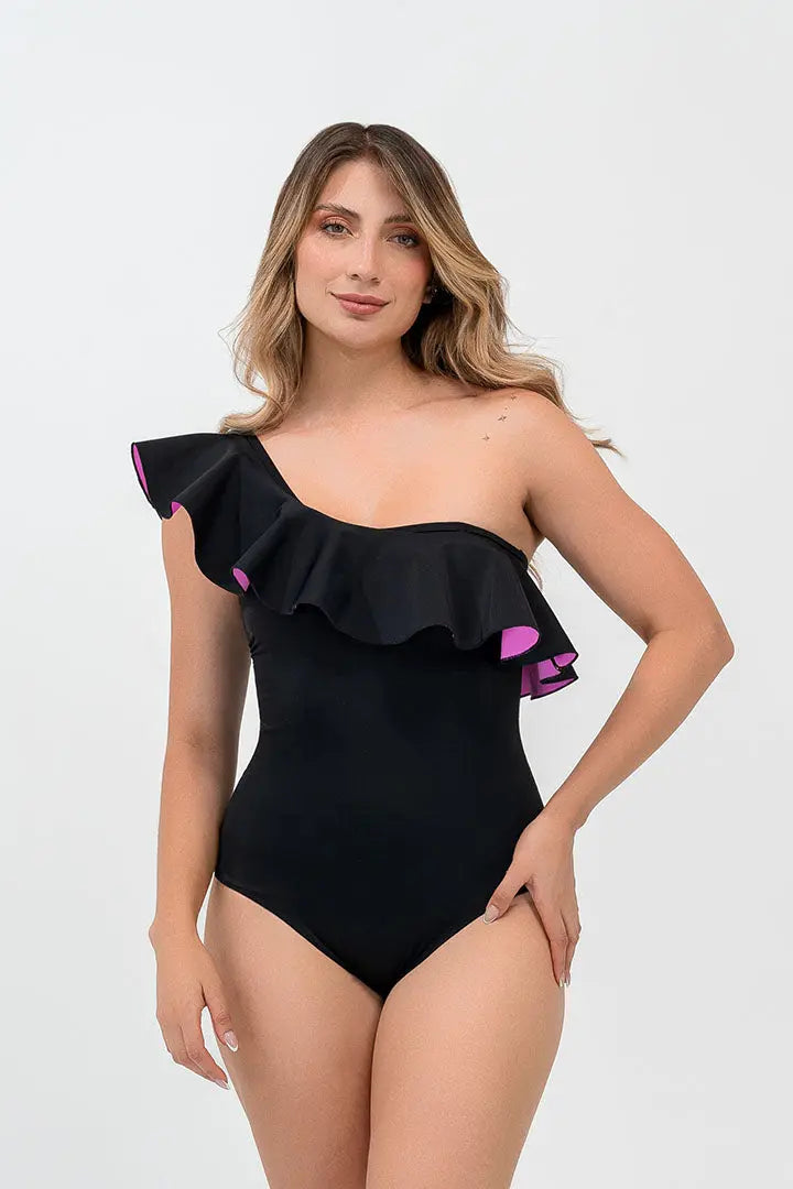 Vestido de baño enterizo con bolero bicolor y compresión en abdomen – Diane & Geordi, color negro