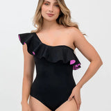 Vestido de baño enterizo con bolero bicolor y compresión en abdomen – Diane & Geordi, color negro