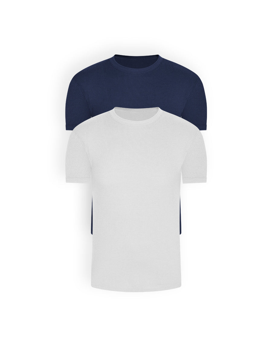 Camiseta cuello redondo manga corta algodón acanalada (Pack X2)(2256)