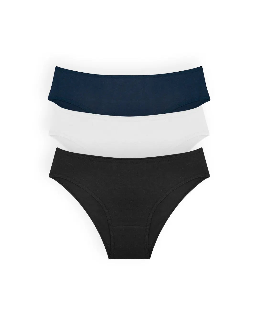 Pack x3 panty tanga en algodón peinado con mayor cubrimiento – Diane & Geordi, color azul, blanco y negro