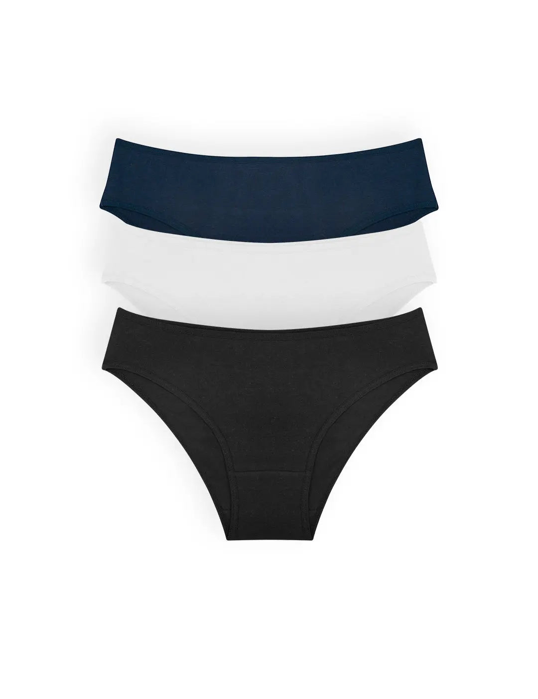 Pack x3 panty tanga en algodón peinado con mayor cubrimiento – Diane & Geordi, color azul, blanco y negro